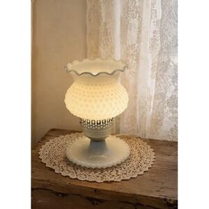 Vintage Hobnail Milk Glass GWTW Parlor Boudoir Table Lamp Ruffled Shade White
